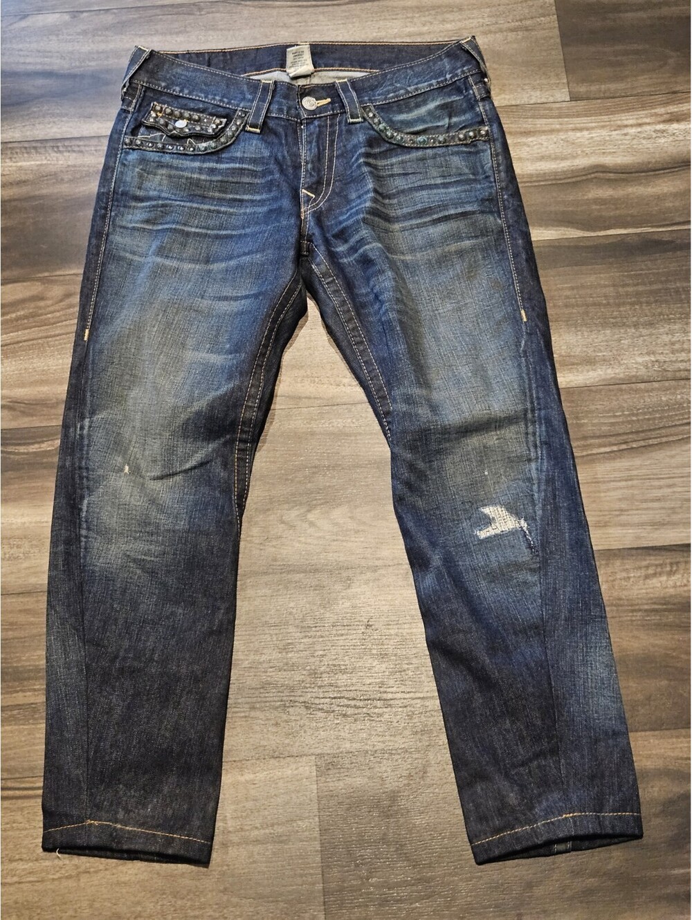 USA True Religion Joey Studded Mens 31x30 Dark Wash Blue Jeans Thick Stitch